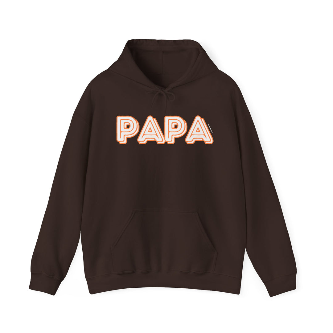 A brown Papa Hoodie sweatshirt with white text, featuring a kangaroo pocket and drawstring hood. Unisex, cozy blend of cotton and polyester for warmth and comfort. Perfect for chilly days.