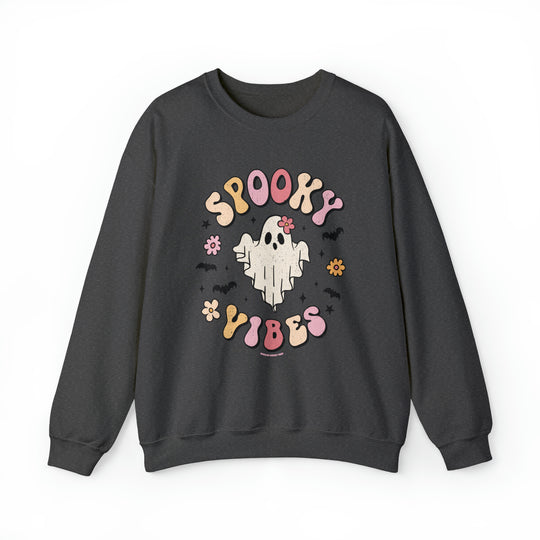 A grey crewneck sweatshirt featuring a ghost design, embodying the Spooky Vibes Crew style. Unisex, heavy blend fabric for comfort, ribbed knit collar, and no itchy seams. Sizes from S to 5XL.