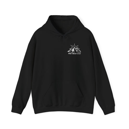 A black Faith Can Move Mountains Hoodie with a white logo, featuring a mountain design. Unisex heavy blend hooded sweatshirt made of cotton and polyester, with kangaroo pocket and matching drawstring.