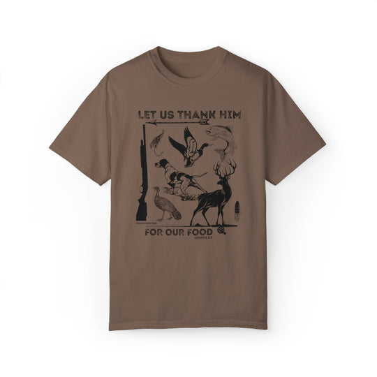 Unisex brown t-shirt featuring a graphic of birds and a gun. Made of 80% ring-spun cotton and 20% polyester for luxurious comfort. Relaxed fit with rolled-forward shoulder and back neck patch.