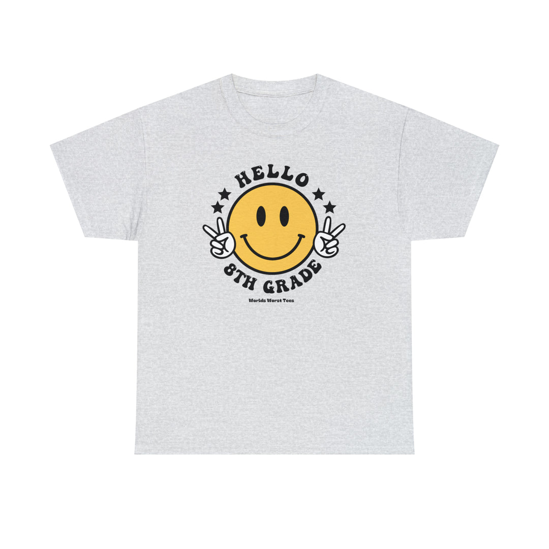 Hello 8th Grade Tee: A white t-shirt featuring a yellow smiley face with black hands and stars. Premium fitted men’s shirt with ribbed knit collar, roomy fit, and 100% combed cotton.