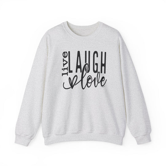 A unisex heavy blend crewneck sweatshirt featuring the Live Laugh Love Crew design. Made of 50% cotton and 50% polyester, with ribbed knit collar and no itchy side seams. Medium-heavy fabric, loose fit, true to size.