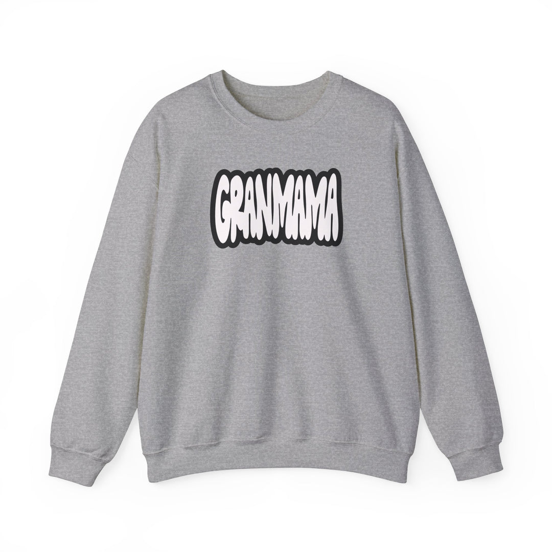 Granmama Crew unisex heavy blend crewneck sweatshirt, 50% cotton, 50% polyester, ribbed knit collar, no itchy side seams, medium-heavy fabric, loose fit, true to size, ideal comfort wear. Sizes: S-5XL.