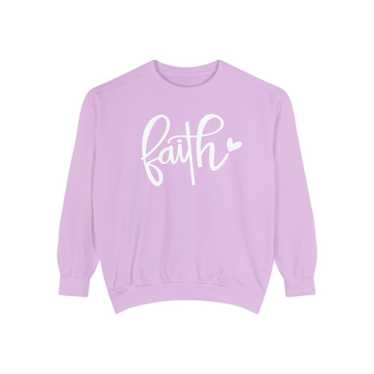 Unisex Faith Crew sweatshirt in pink with white text. Made of 80% ring-spun cotton, 20% polyester, featuring a relaxed fit and rolled-forward shoulder. From Worlds Worst Tees.