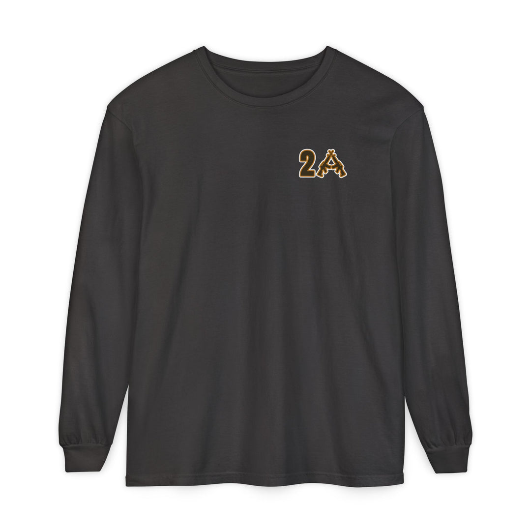 2A Long Sleeve Tee: A black crewneck T-shirt with a 2A graphic featuring rifle silhouettes on the left chest, offering a soft, relaxed fit in ring-spun cotton.