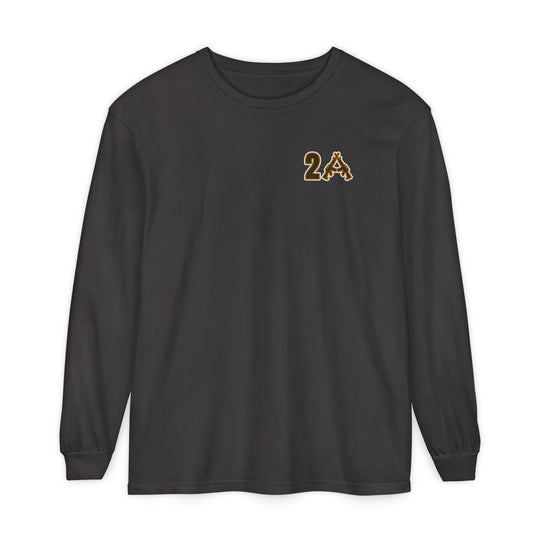 2A Long Sleeve Tee: A black crewneck T-shirt with a 2A graphic featuring rifle silhouettes on the left chest, offering a soft, relaxed fit in ring-spun cotton.