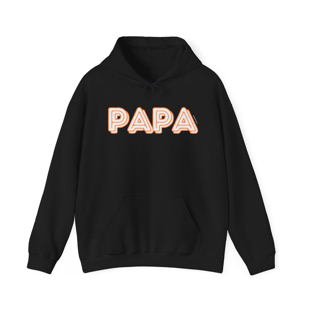 Unisex Papa Hoodie: Black sweatshirt with white text, kangaroo pocket, and matching hood drawstring. Cozy blend of cotton and polyester, perfect for cold days. Classic fit, tear-away label, true to size.