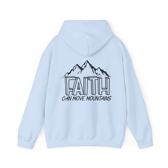 A blue hoodie with a logo of black mountains, a cozy blend of cotton and polyester for warmth and comfort. Features a kangaroo pocket and matching drawstring hood. Faith Can Move Mountains Hoodie by Worlds Worst Tees.