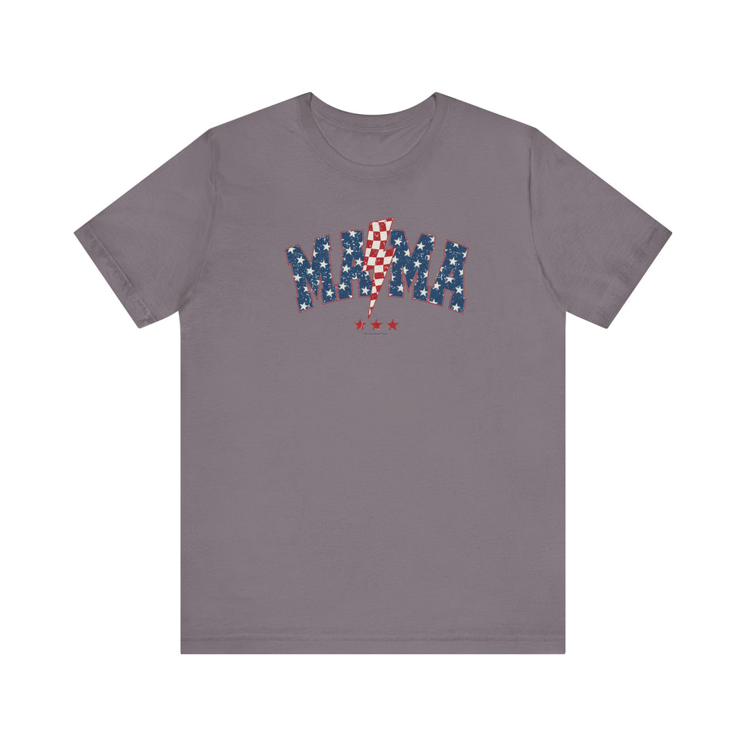 A grey t-shirt featuring a red, white, and blue lightning bolt design, part of the 4th Mama Tee collection. Made of 100% Airlume combed cotton, with ribbed knit collars and tear away label.