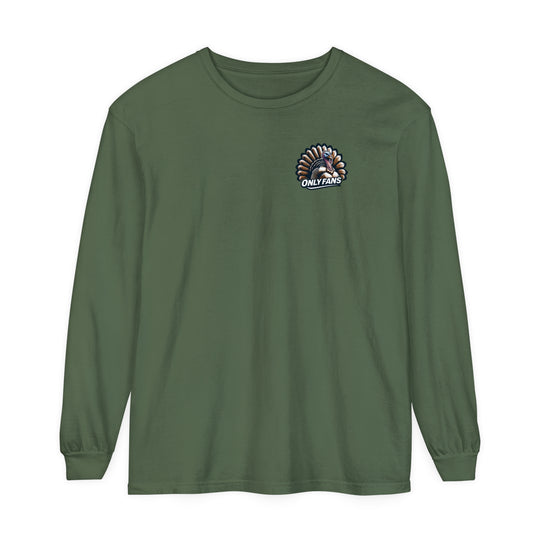 A long-sleeved green shirt featuring a turkey logo, ideal for casual wear. Made of 100% ring-spun cotton with garment-dyed fabric for softness and style. Perfect for adding flair to your wardrobe.