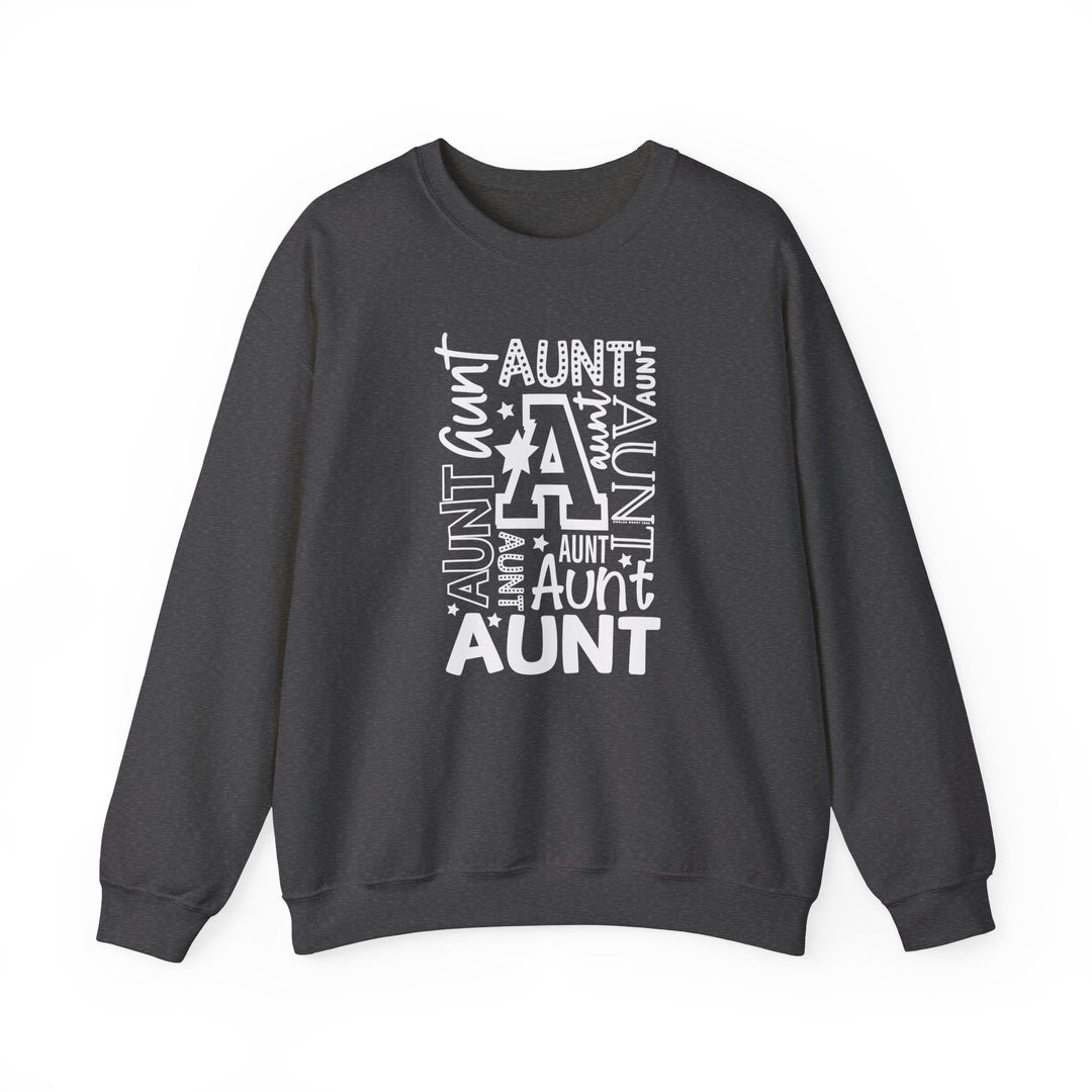 Relaxed fit Aunt Crew sweatshirt in grey with white text. 50% cotton, 50% polyester blend for comfort and style. Medium-heavy fabric, loose fit, true to size. Ideal for a casual, cool vibe.