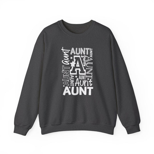 Relaxed fit Aunt Crew sweatshirt in grey with white text. 50% cotton, 50% polyester blend for comfort and style. Medium-heavy fabric, loose fit, true to size. Ideal for a casual, cool vibe.