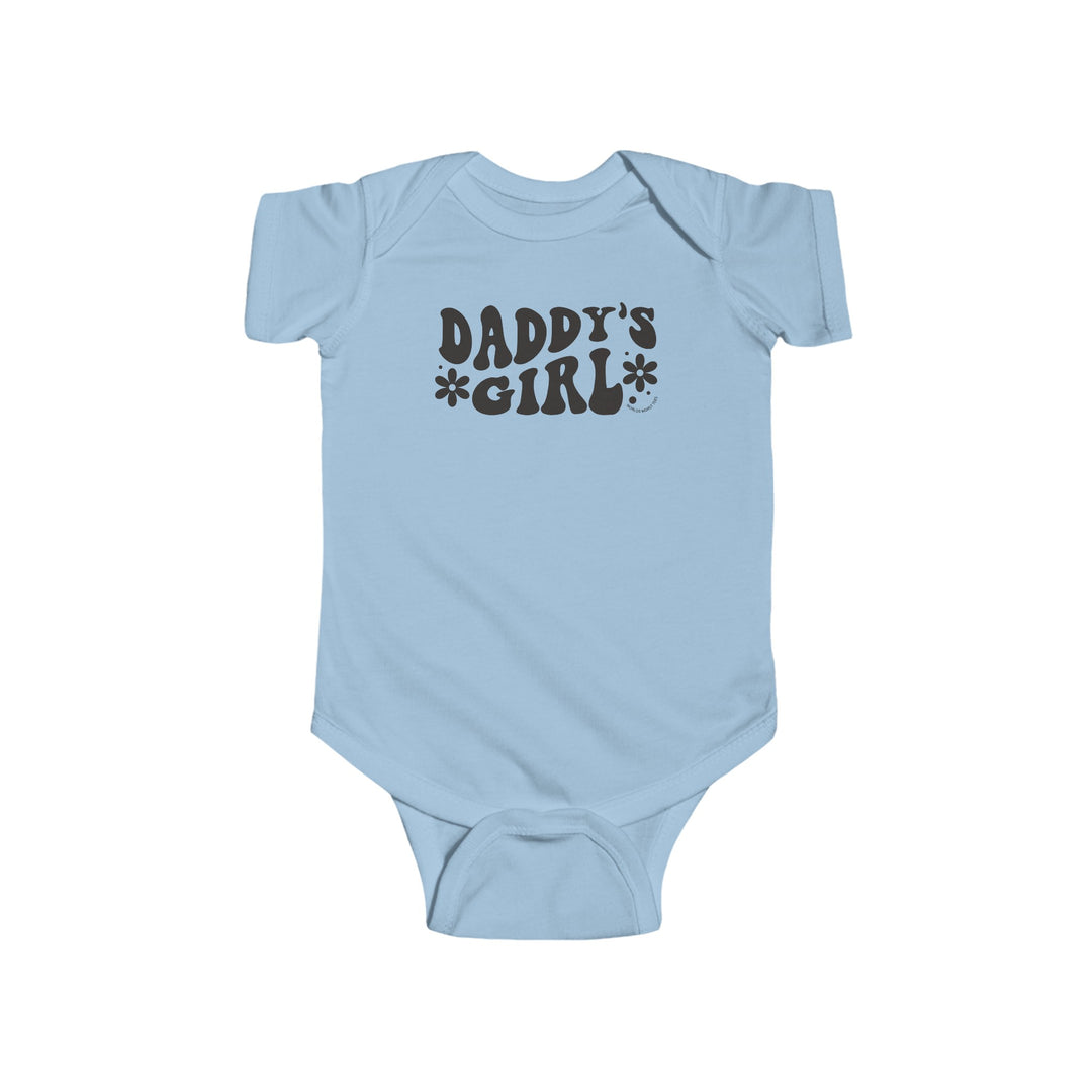 A baby bodysuit featuring the title Daddy's Girl Onesie from Worlds Worst Tees. Made of 100% cotton, light fabric with ribbed knitting for durability and plastic snaps for easy changing access.