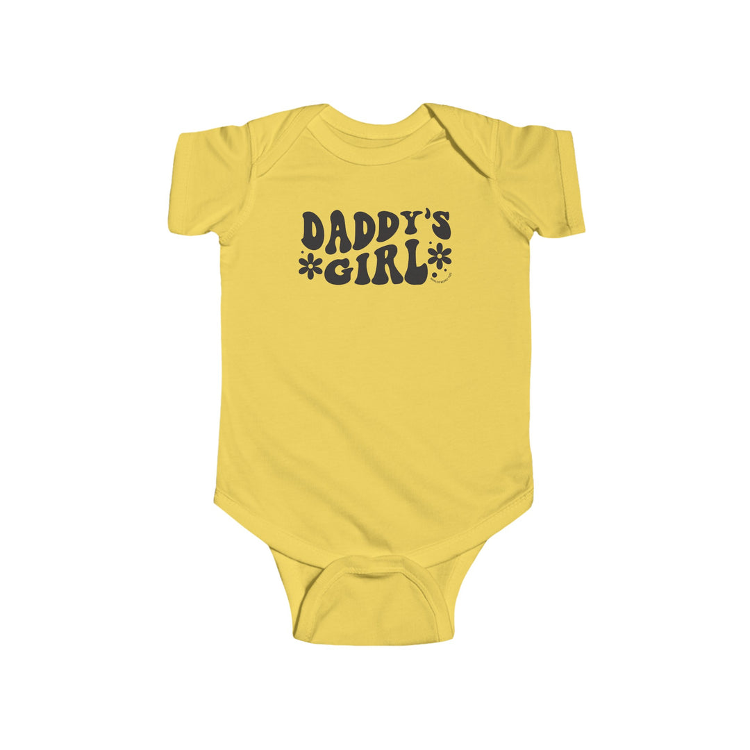 A yellow baby bodysuit with black text, featuring Daddy's Girl Onesie. Soft 100% cotton fabric, ribbed knitting for durability, plastic snaps for easy changes. From Worlds Worst Tees.