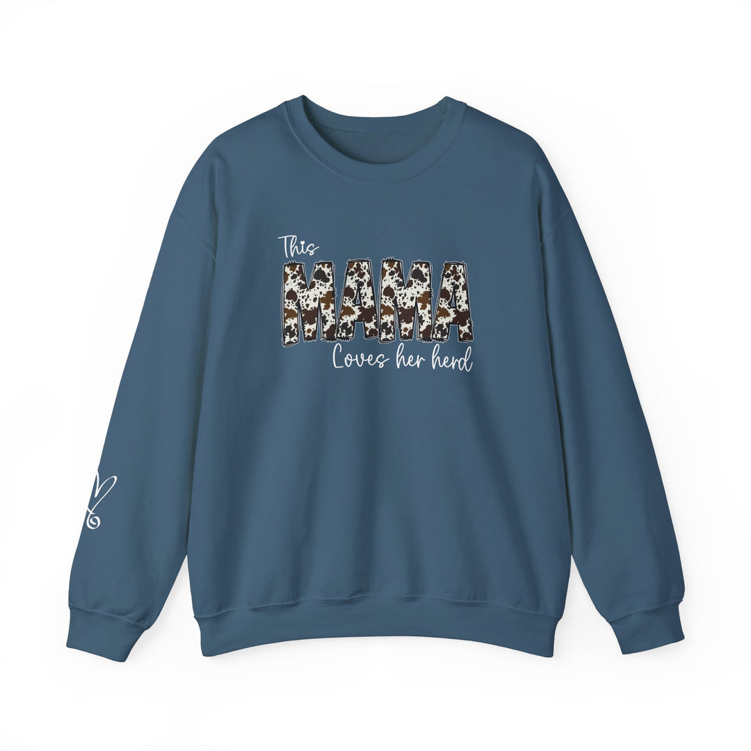 A unisex heavy blend crewneck sweatshirt, Mama Herd Crew, in blue with white text. Made of 50% cotton, 50% polyester, ribbed knit collar, no itchy side seams, loose fit. Sizes S-5XL.