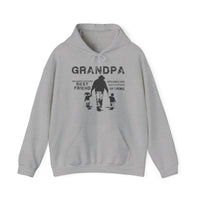 A grey Grandpa and Grandkids hoodie, featuring black text, a kangaroo pocket, and a hood with matching drawstring. Unisex heavy blend, 50% cotton, 50% polyester, tear-away label, classic fit. Medium-heavy fabric, no side seams.