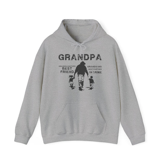 A grey Grandpa and Grandkids hoodie, featuring black text, a kangaroo pocket, and a hood with matching drawstring. Unisex heavy blend, 50% cotton, 50% polyester, tear-away label, classic fit. Medium-heavy fabric, no side seams.
