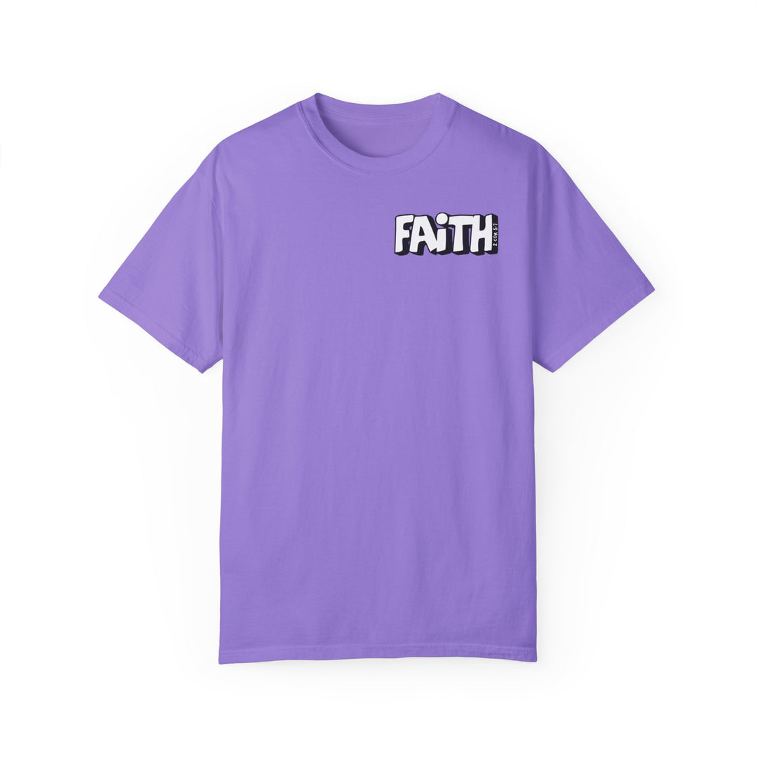 Purple Walk By Faith Not By Sight Tee, 100% ring-spun cotton, garment-dyed with a white logo. Medium weight, relaxed fit, durable double-needle stitching, tubular shape.