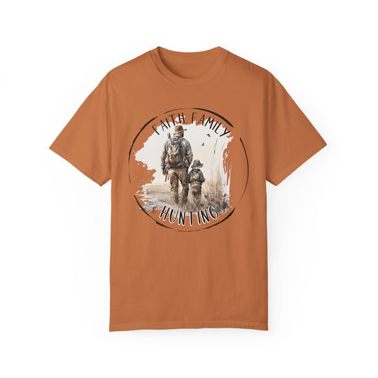 A relaxed fit Faith Family Hunting Tee, featuring a man and child in a field on a garment-dyed shirt. Made of 100% ring-spun cotton for durability and coziness. No side-seams for a tubular shape.