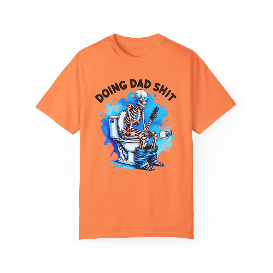A relaxed fit Doing Dad Shit Tee, featuring a skeleton graphic on a garment-dyed, ring-spun cotton t-shirt. Durable double-needle stitching, no side-seams, and medium weight for everyday comfort.