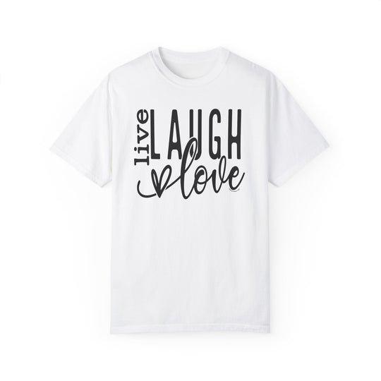 A relaxed fit Live Laugh Love Tee, crafted from 100% ring-spun cotton. Garment-dyed for extra coziness, with double-needle stitching for durability and a seamless design for a tubular shape.