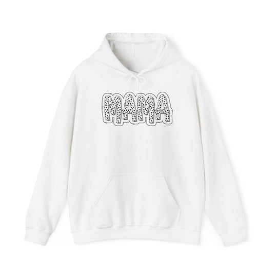 A Mama Print Hoodie, a white sweatshirt with black dots and text, a cozy blend of cotton and polyester, featuring a kangaroo pocket and drawstring hood. Unisex, medium-heavy fabric, tear-away label, true to size.