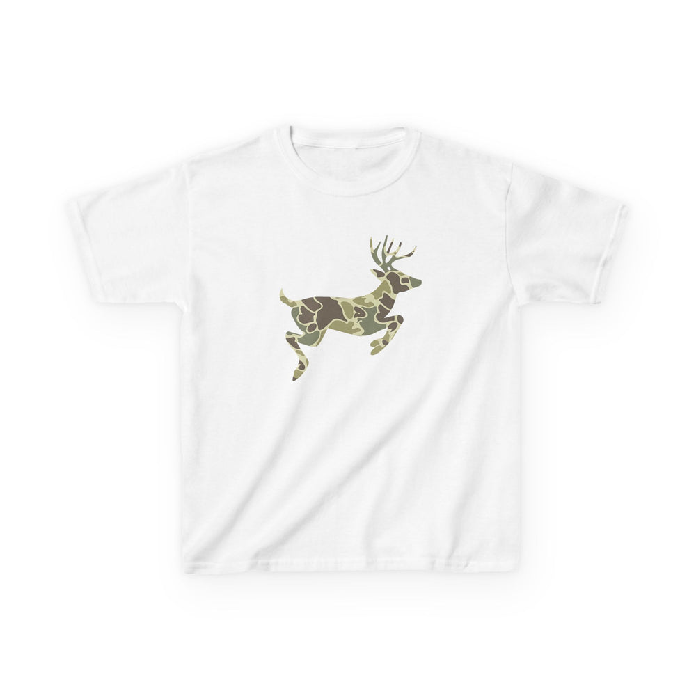 Camo Deer Kids Tee features a white T-shirt with a leaping deer in green-brown camouflage, ideal for everyday wear and crafted from durable cotton.