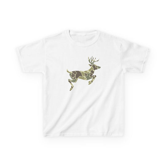 Camo Deer Kids Tee features a white T-shirt with a leaping deer in green-brown camouflage, ideal for everyday wear and crafted from durable cotton.