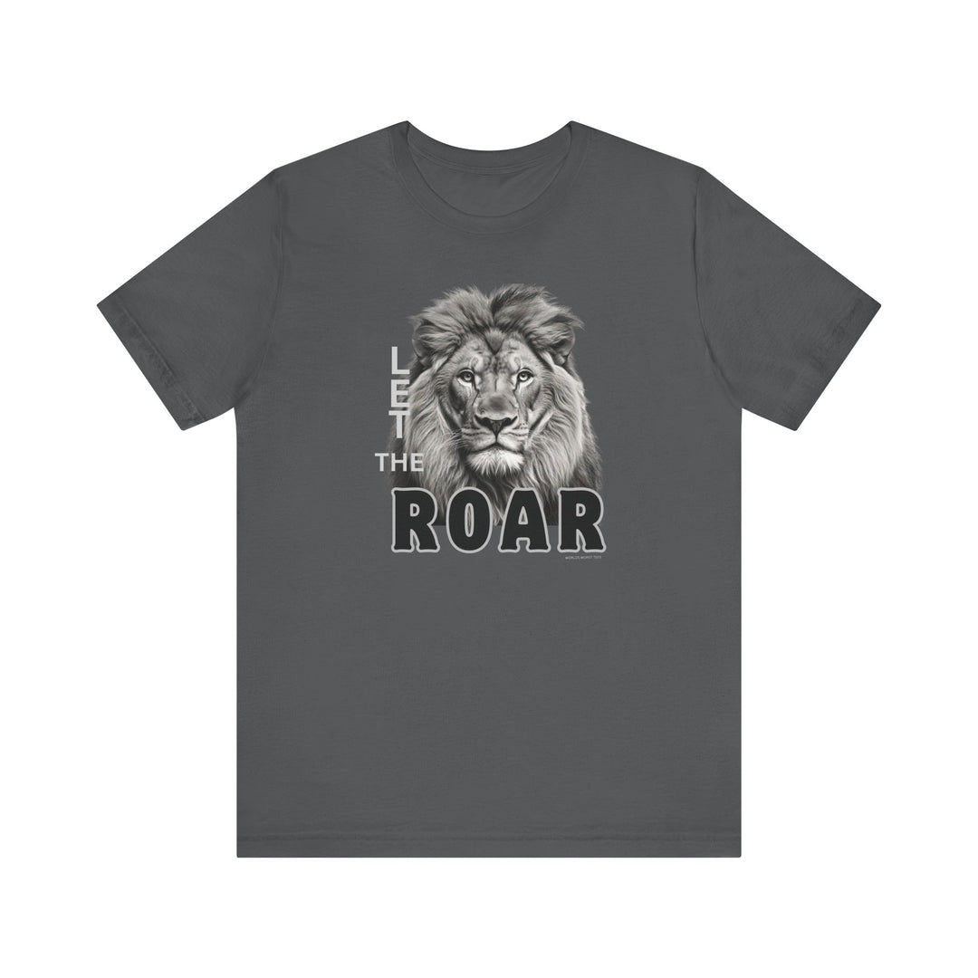 A grey tee featuring a lion design, part of the Let the Lion Roar Tee collection by Worlds Worst Tees. Unisex jersey shirt with ribbed knit collar, 100% cotton, retail fit, tear away label.