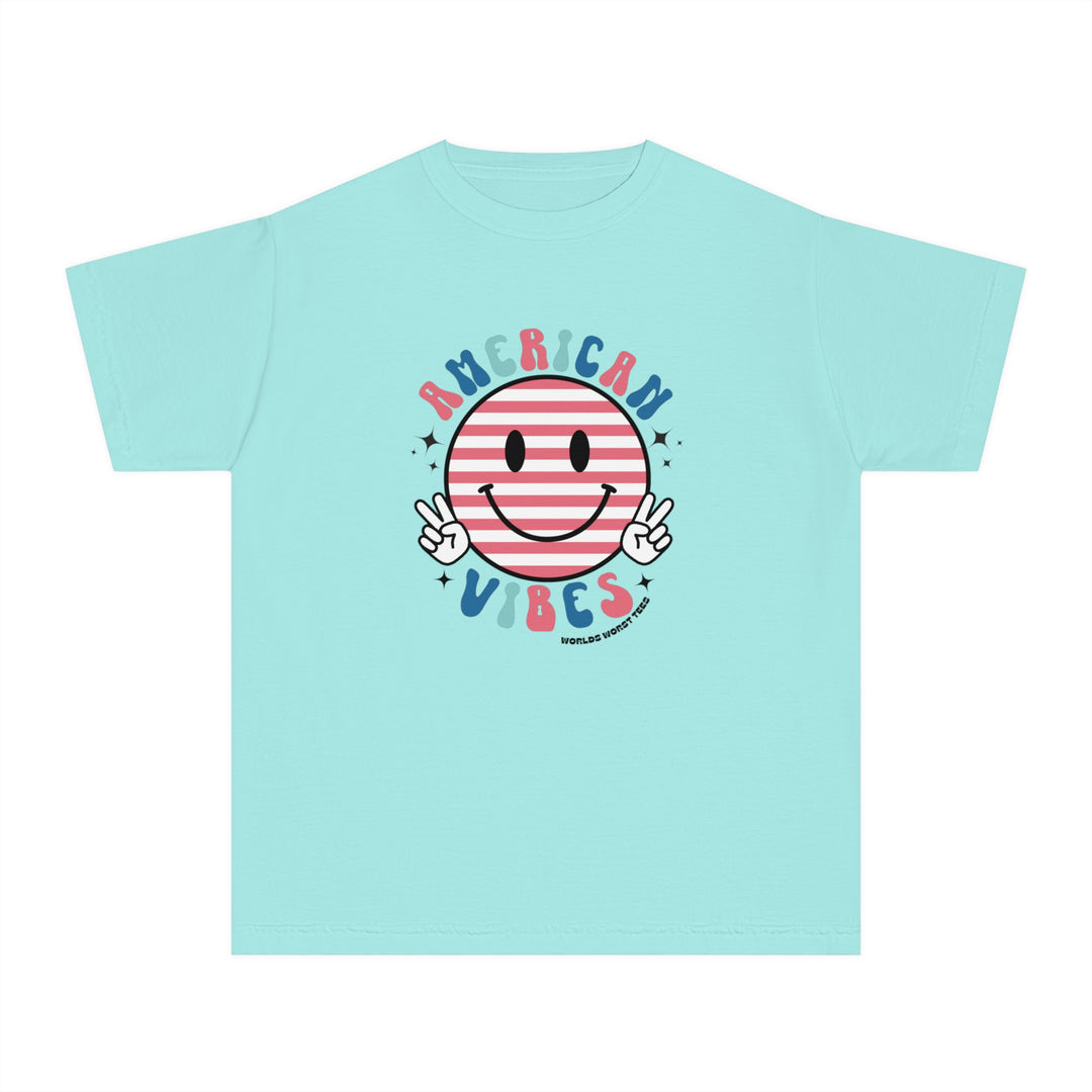American Vibes Youth Tee: Blue t-shirt with smiley face and peace sign hands. 100% combed cotton, soft-washed, classic fit for kids' active days. Worlds Worst Tees.