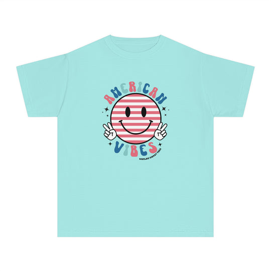 American Vibes Youth Tee: Blue t-shirt with smiley face and peace sign hands. 100% combed cotton, soft-washed, classic fit for kids' active days. Worlds Worst Tees.