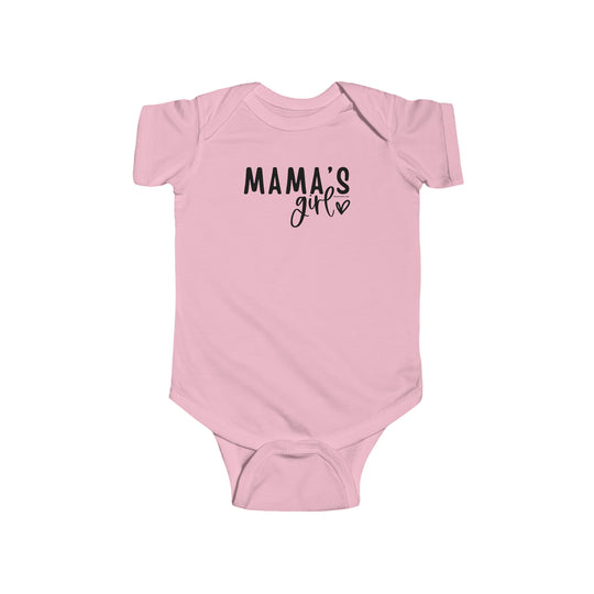 Infant pink bodysuit with black text, Mama's Girl Onesie. Soft 100% cotton fabric, ribbed knit bindings, plastic snaps for easy changing. Ideal for NB to 24M. From Worlds Worst Tees.