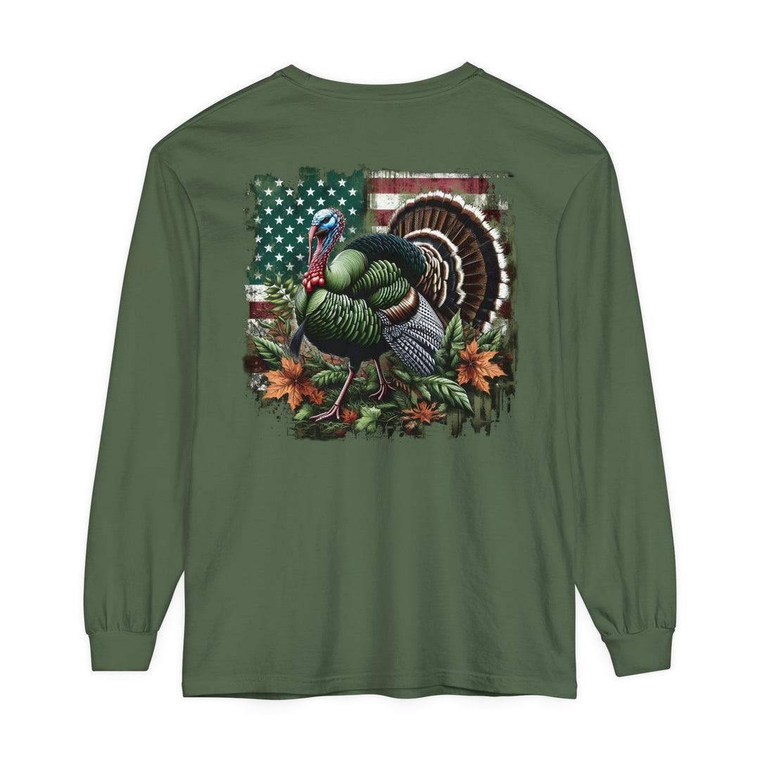 A green Turkey Hunting Long Sleeve T-Shirt in sizes S to 3XL. Made of 100% ring-spun cotton with garment-dyed fabric for a soft, relaxed fit. Perfect for casual comfort and style.