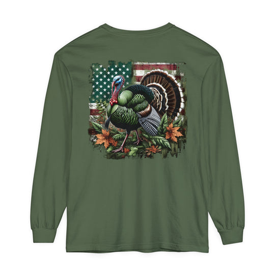 A green Turkey Hunting Long Sleeve T-Shirt in sizes S to 3XL. Made of 100% ring-spun cotton with garment-dyed fabric for a soft, relaxed fit. Perfect for casual comfort and style.