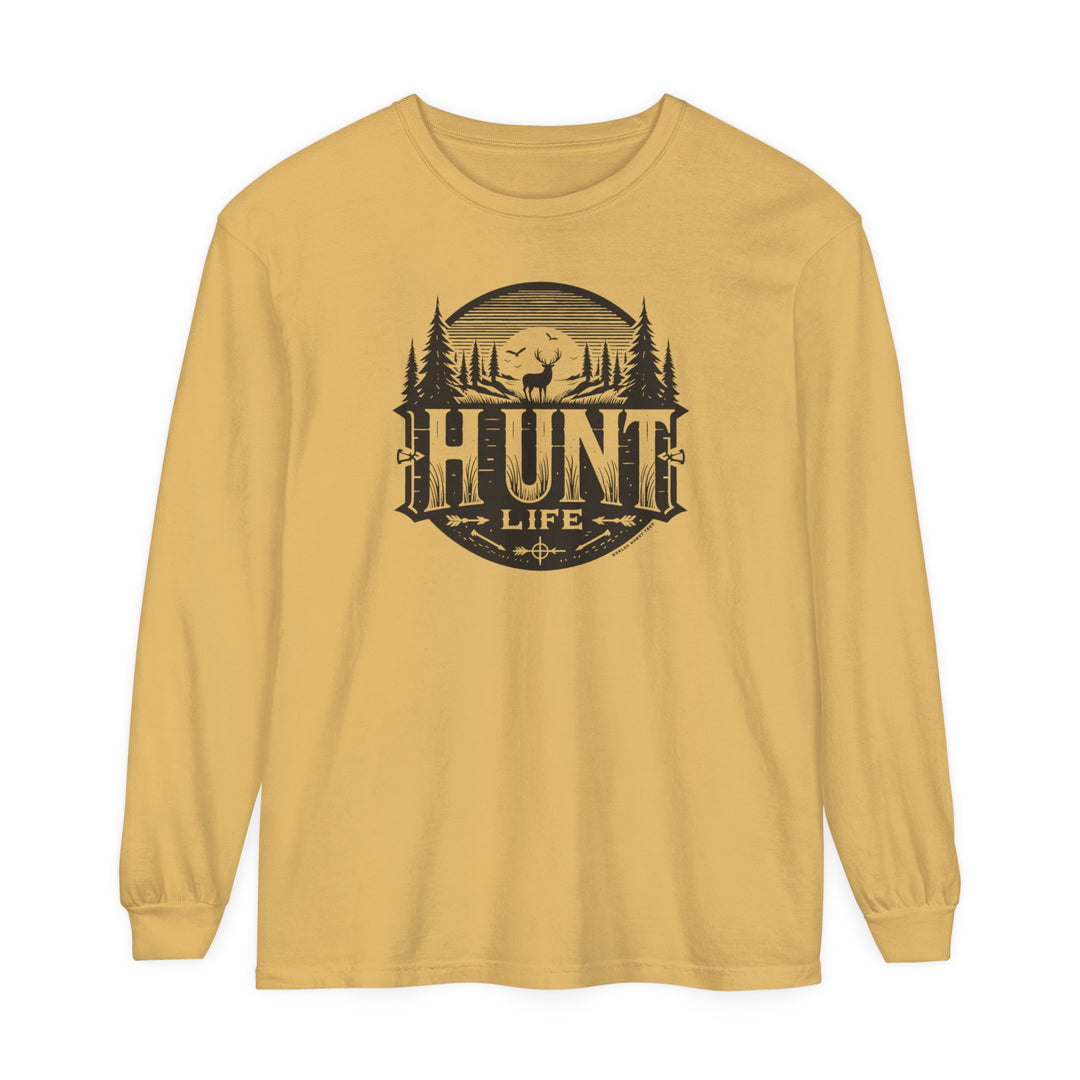 A yellow long-sleeve Hunt Life T-shirt with a deer and tree logo. Made of 100% ring-spun cotton for softness and style. Classic fit, garment-dyed fabric, and relaxed for comfort.