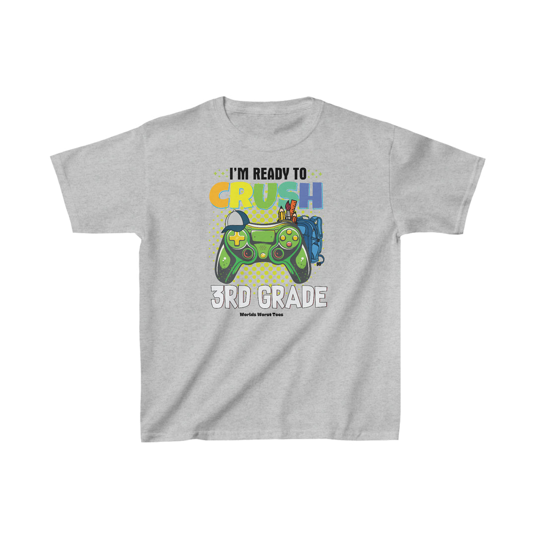 Kids tee featuring a video game controller design, ideal for daily wear. Made of 100% cotton, light fabric, classic fit, tear-away label, and durable twill tape shoulders. Title: I'm Ready to Crush 3rd Grade Kids Tee.
