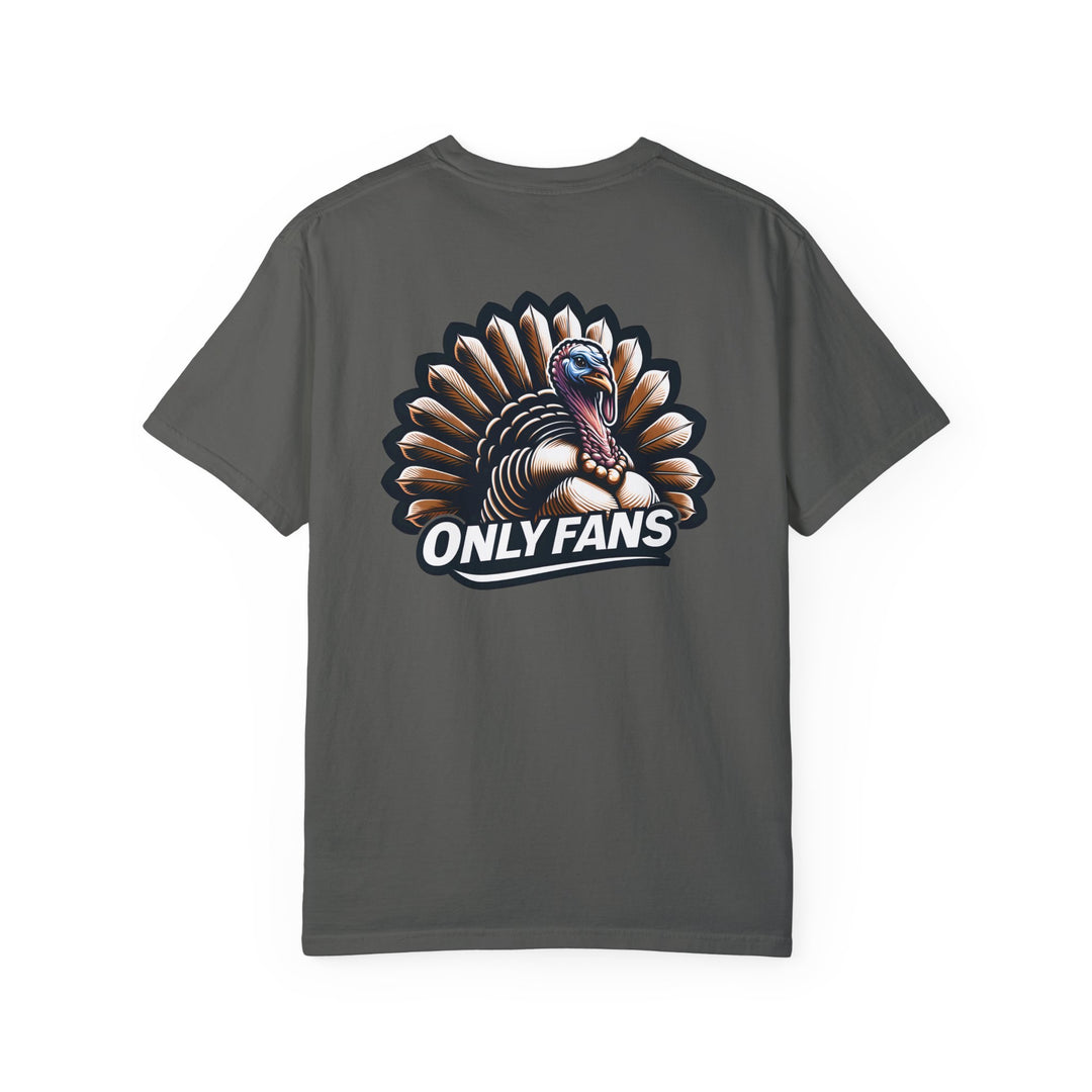 A relaxed-fit, garment-dyed t-shirt featuring a turkey design, ideal for daily wear. Made of 100% ring-spun cotton for extra coziness and durability. From Worlds Worst Tees, the Only Fans Hunting Tee.
