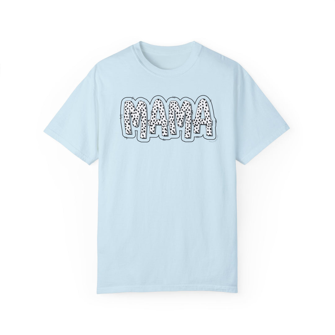 A relaxed fit Mama Print Tee in light blue, featuring a graphic word design on ring-spun cotton. Garment-dyed for extra coziness, with double-needle stitching for durability and a seamless tubular shape.