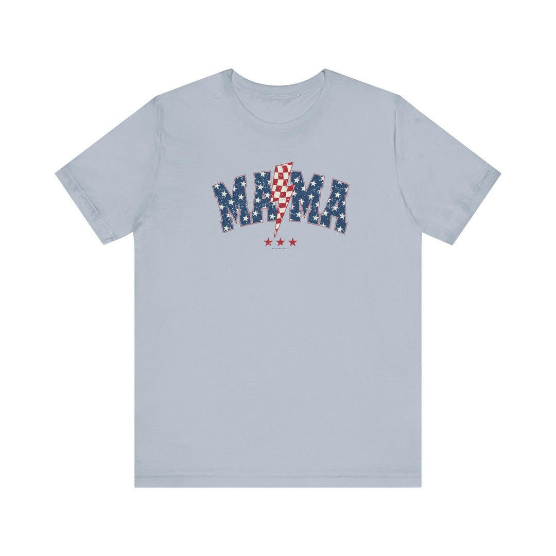 A grey unisex jersey tee with red, white, and blue text, featuring a lightning bolt and stars design. Made of 100% Airlume combed cotton, retail fit, tear away label, and ribbed knit collars for comfort.