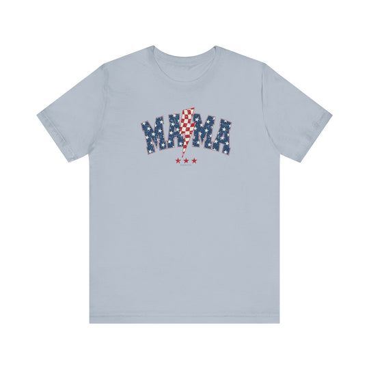 A grey unisex jersey tee with red, white, and blue text, featuring a lightning bolt and stars design. Made of 100% Airlume combed cotton, retail fit, tear away label, and ribbed knit collars for comfort.