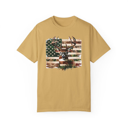 A relaxed fit Deer Flag Tee crafted from 100% ring-spun cotton. Garment-dyed for extra coziness with double-needle stitching for durability. Ideal for daily wear.
