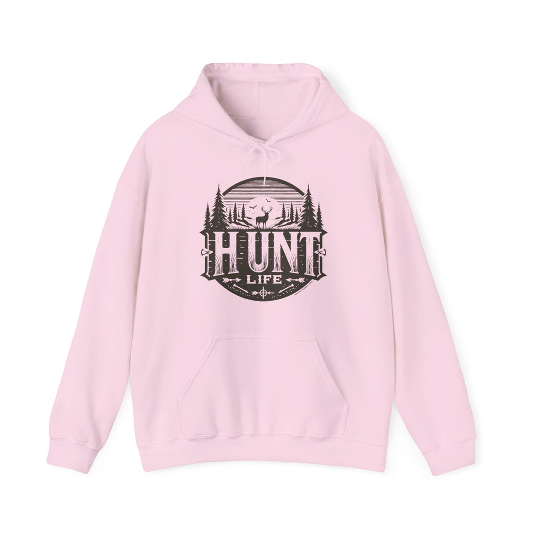 A pink Hunt Life hoodie with a deer logo, kangaroo pocket, and drawstring hood. Unisex heavy blend of cotton and polyester, no side seams, medium-heavy fabric, tear-away label. Sizes S-5XL.