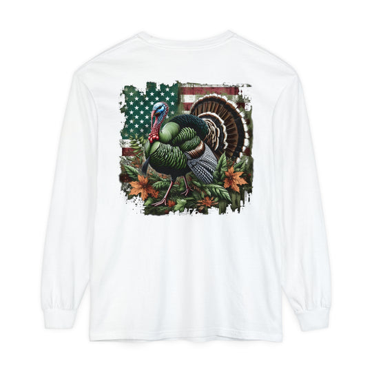 A white long-sleeve Turkey Hunting Tee in various sizes, made of 100% ring-spun cotton for softness and style. Garment-dyed fabric with a relaxed fit for comfort in casual settings.