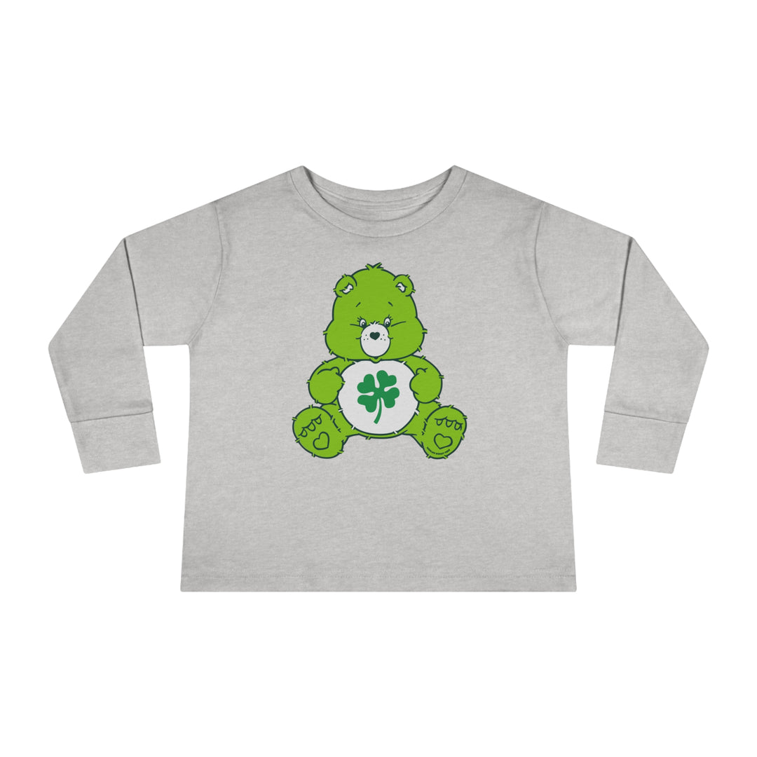 Lucky Bear Toddler Long Sleeve Tee featuring a green bear with a clover, perfect for kids. Made of 100% cotton, with ribbed collar for durability and comfort. From Worlds Worst Tees.