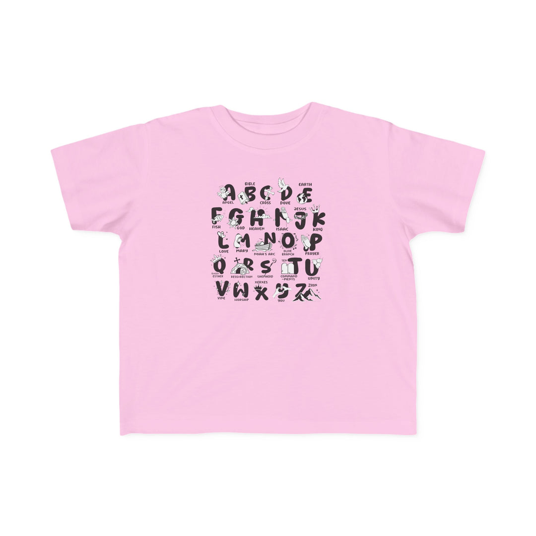 A Bible Alphabet Toddler Tee featuring a pink t-shirt with black letters. Soft 100% combed ringspun cotton, ideal for sensitive skin. Durable print, perfect for little adventurers. Sizes: 2T, 3T, 4T, 5-6T.