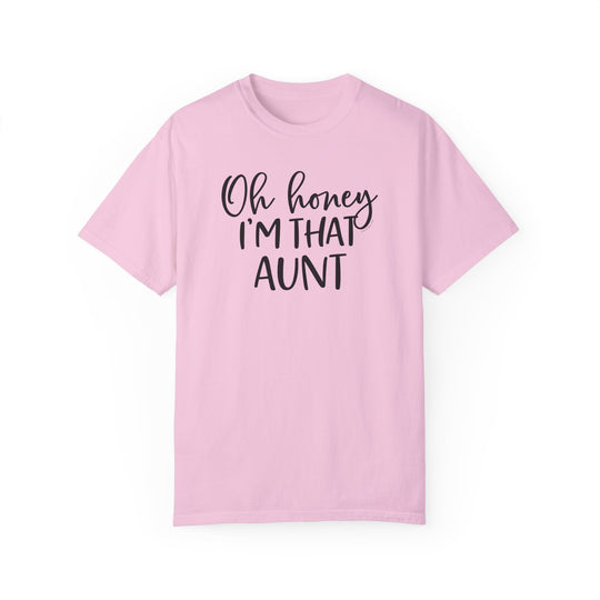Aunt-themed tee in pink with black text. 100% ring-spun cotton, garment-dyed for coziness. Relaxed fit, durable double-needle stitching, seamless design for comfort. From Worlds Worst Tees.