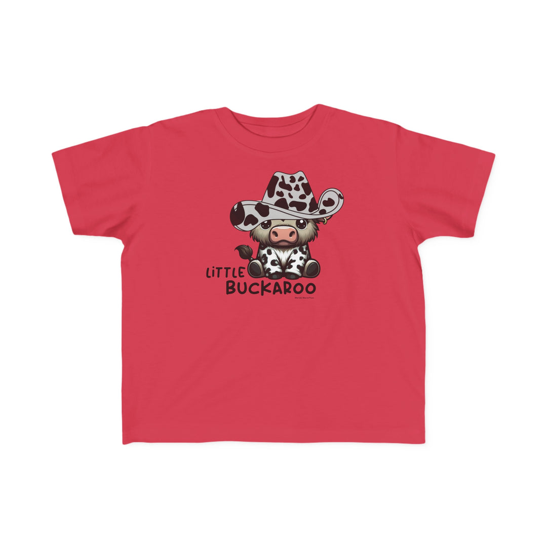 Buckaroo Toddler Tee featuring a cartoon cow in a cowboy hat on a red shirt. Soft 100% combed ringspun cotton, light fabric, tear-away label, classic fit. Sizes: 2T, 3T, 4T, 5-6T.