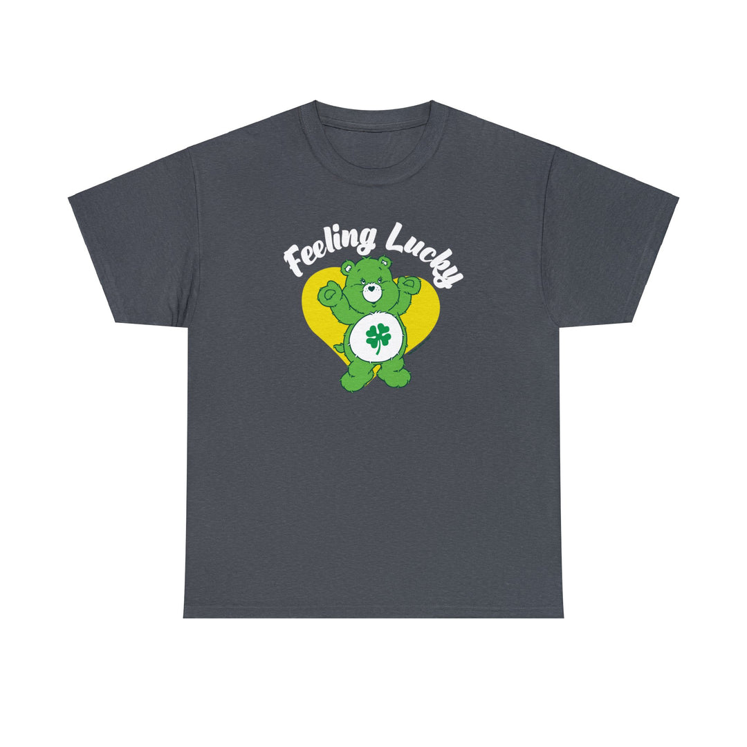 A grey t-shirt featuring a green bear with a clover, part of the Feeling Lucky Tee collection by Worlds Worst Tees. Unisex, heavy cotton tee with ribbed knit collar, no side seams, and durable tape on shoulders.