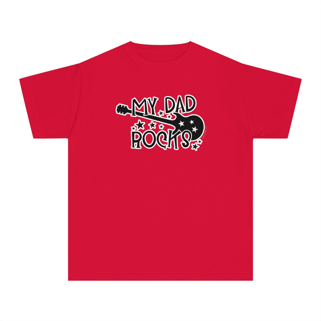 A kid's tee shirt with a red design featuring a guitar and text, ideal for active days. Made of 100% combed ringspun cotton for comfort and agility. Classic fit for all-day wear.