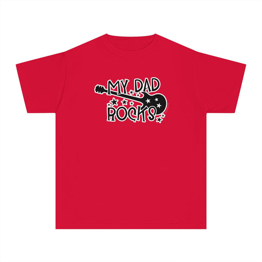 A kid's tee shirt with a red design featuring a guitar and text, ideal for active days. Made of 100% combed ringspun cotton for comfort and agility. Classic fit for all-day wear.